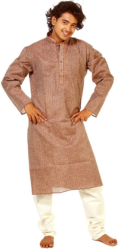 Chestnut Kurta Pajama with  Woven Stripes and Embroidery on Neck