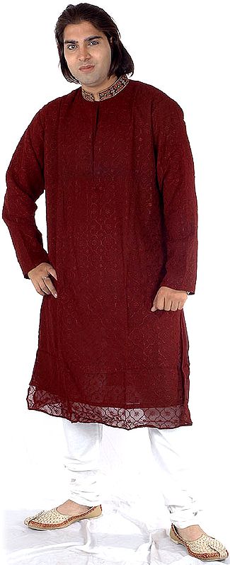Coffee-Brown Kurta Set with All-Over Embroidery
