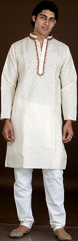 Cream and Golden Kurta Set with Sequins on Neck