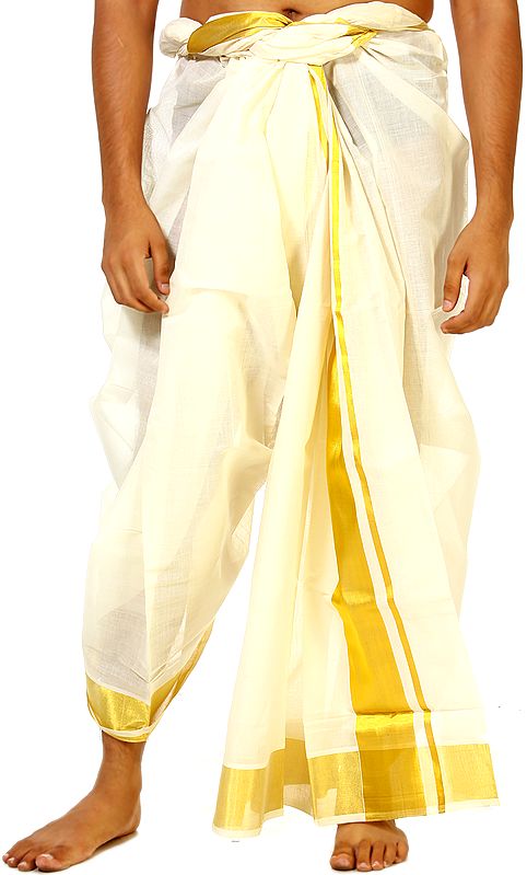 Cream Dhoti from Kerala with Wide Golden Woven Border