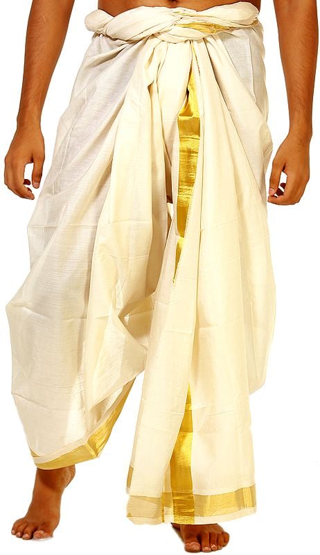 Cream Kasavu Dhoti from Kerala with Wide Golden Woven Border