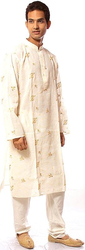 Cream Kurta Pajama with All-Over Crewel Embroidery