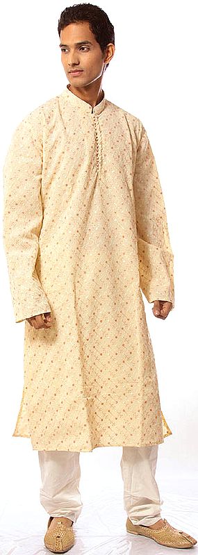 Cream Kurta Pajama with All-Over Two-Tone Embroidery
