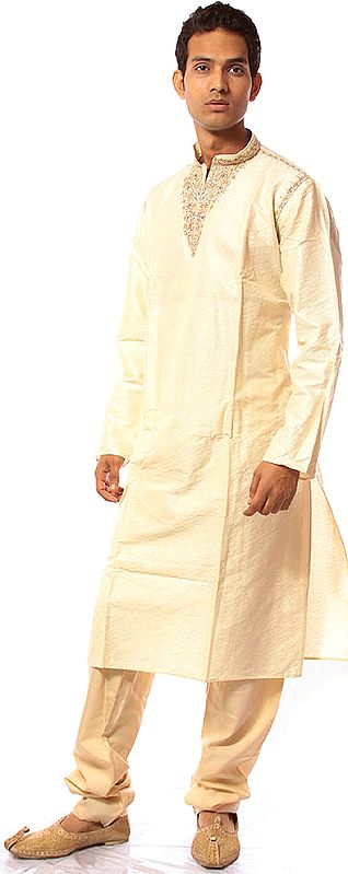 Cream Kurta Pajama with All-Over Weave in Self and Embroidery on Neck