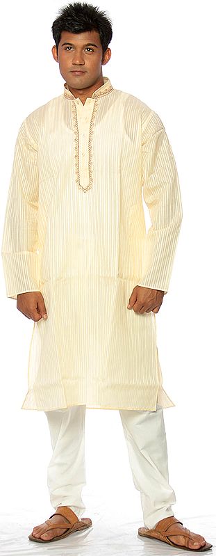 Cream Kurta Pajama with Woven Stripes and Embroidery on Neck