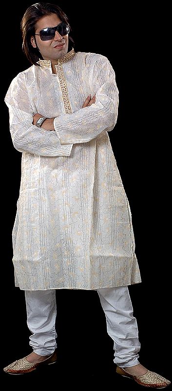 Cream Kurta Set with Beadwork on Button Palette and All-Over Weave