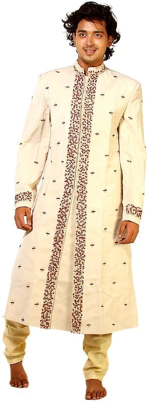 Crème Brulee Sherwani with Crystals and Zardozi Embroidery in Front