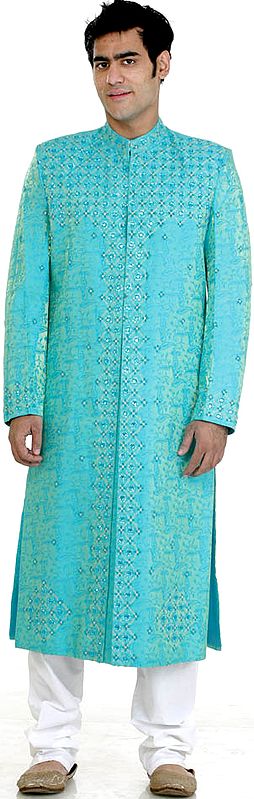 Cyan Wedding Sherwani with All-Over Embroidered Beads