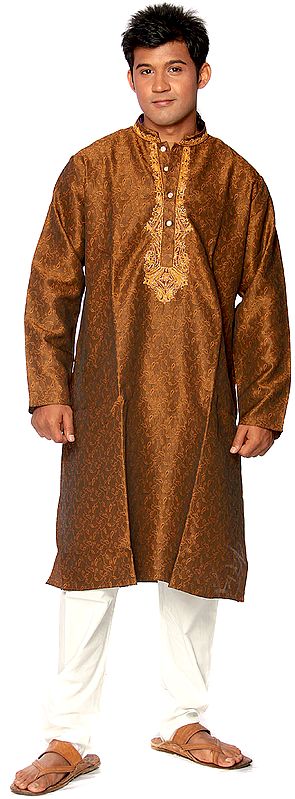 Dark-Earth Brown Wedding Kurta Pajama with Woven Stripes and Embroidery on Neck