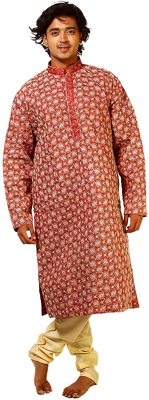 Deep Claret-Red Wedding Kurta Pajama Set with and All-Over Floral Embroidery