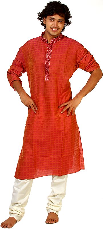 Faded-Rose Designer Kurta Pajama with Thread Weave and Embroidery on Button Palette