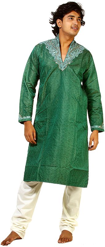 Fairway-Green Wedding Kurta Pajama with Sequins and Embroidery on Neck
