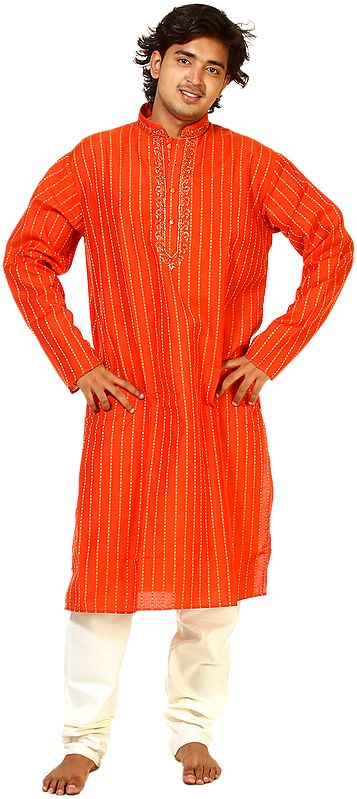 Fiesta-Red Kurta Pajama with Embroidery on Button Palette and Woven Rhomboid Stripes All-Over