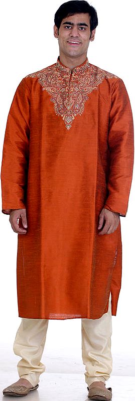 Golden-Brown Kurta Set with Threadwork and Small Sequins
