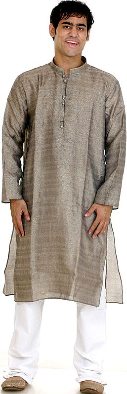 Gray and Golden Brocaded Kurta Set with Woven Paisleys All-Over