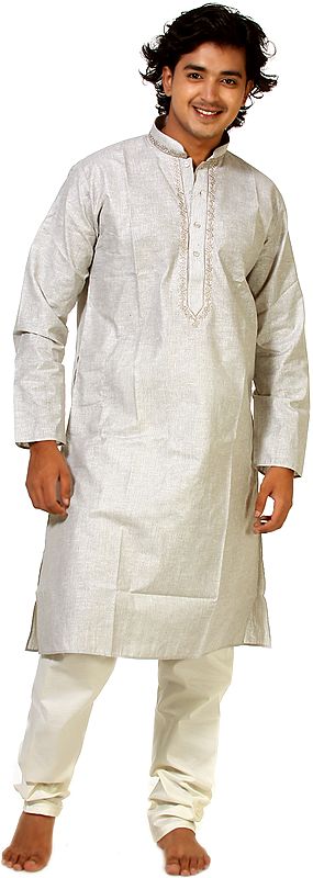 Gray Kurta  Pajama with Embroidery on Neck and Woven Stripes