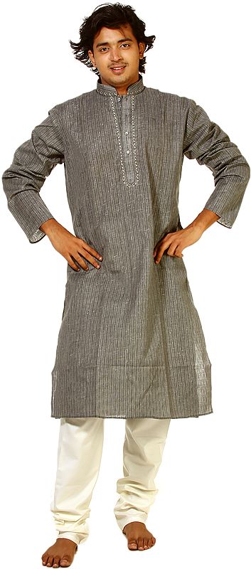 Gray Kurta Pajama with Embroidery on Neck and Woven Stripes