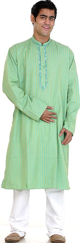 Green Kurta Pajama with Embroidery on Neck and Woven Stripes