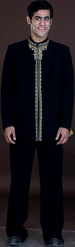 Hand-Embroidered Black Jodhpuri Suit