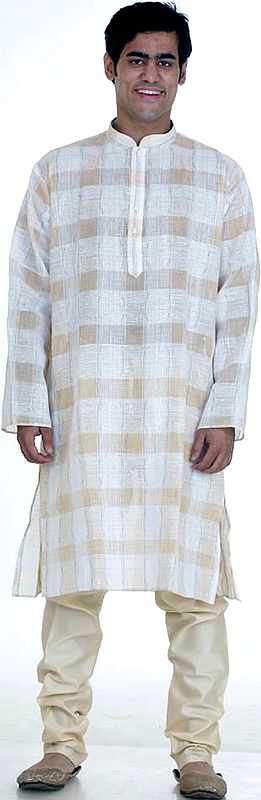Ivory and Light Brown Kurta Pajama with Checks