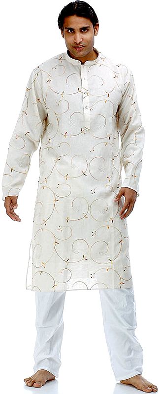 Ivory Khadi Kurta Pajama with All-Over Embroidery