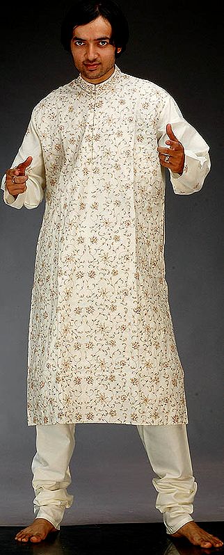 Ivory Kurta Pajama with All-Over Embroidery