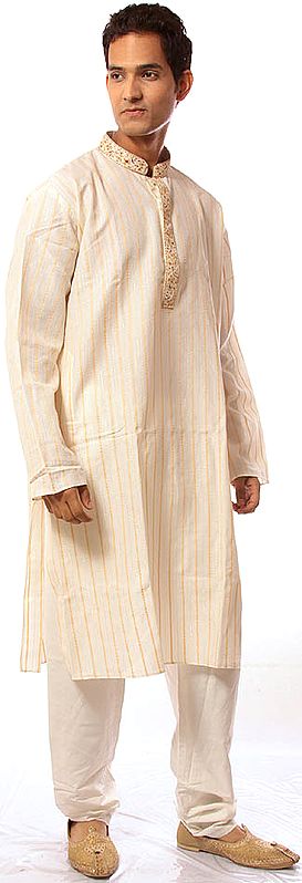 Ivory Kurta Pajama with All-Over Weave and Embroidery on Collar