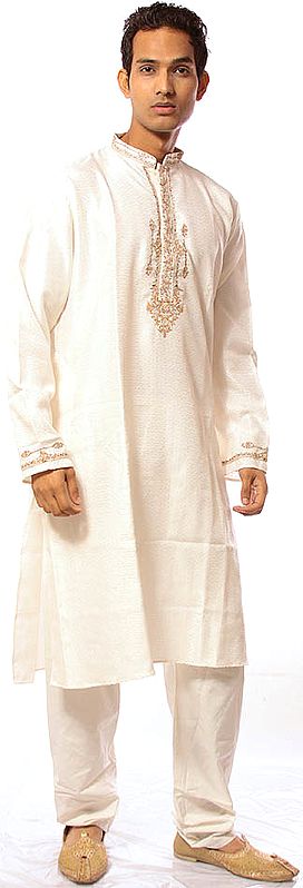 Ivory Kurta Pajama with All-Over Weave in Self and Embroidery on Neck