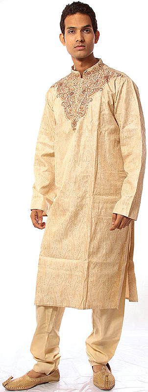 Ivory Kurta Pajama with All-Over Woven Paisleys and Embroidery on Neck