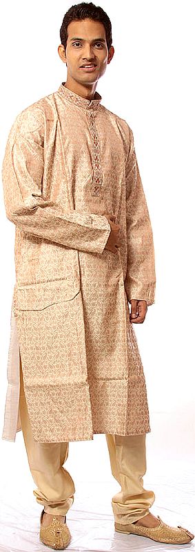 Ivory Kurta Pajama with All-Over Woven Paisleys and Embroidery on Button Palette