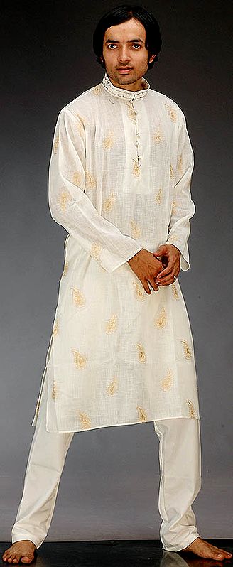 Ivory Kurta Pajama with Embroidered Paisleys
