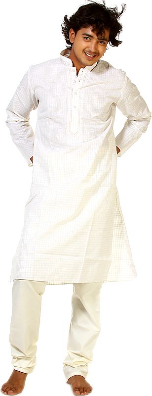 Ivory Kurta Pajama with  Woven Stripes and Embroidery on Neck
