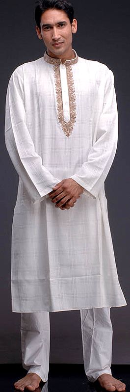 Ivory Kurta Set with Embroidery and Checks in Self