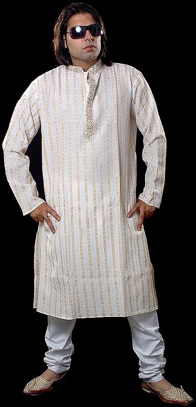 Ivory Kurta Set with Golden Thread Weave and Embroidery on Button Palette