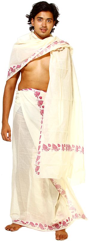 Ivory Loongi and Veshti Set from Kerala with Printed Peacock Feathers on Border