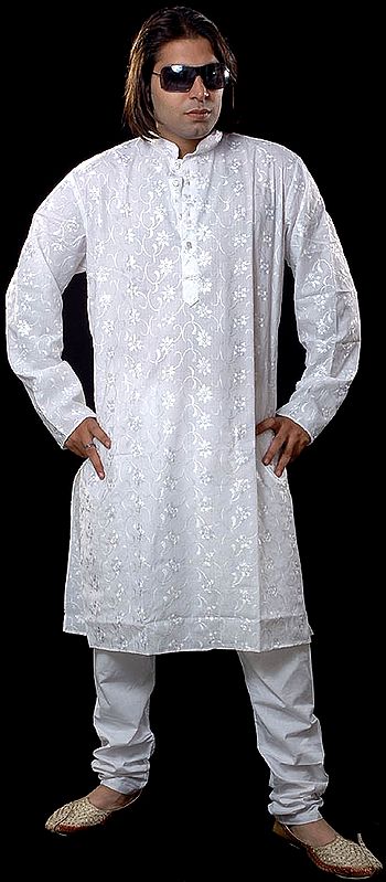 Ivory Lukhnavi Chikan Kurta with Floral Embroidery