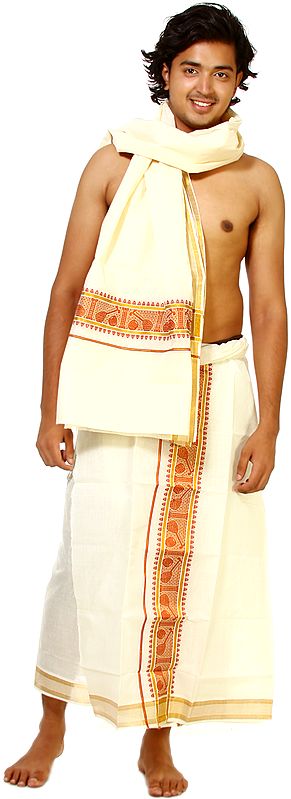 Ivory Veshti Set from Kerala with Golden Thread Weave and Woven Tabla Sitar on Border