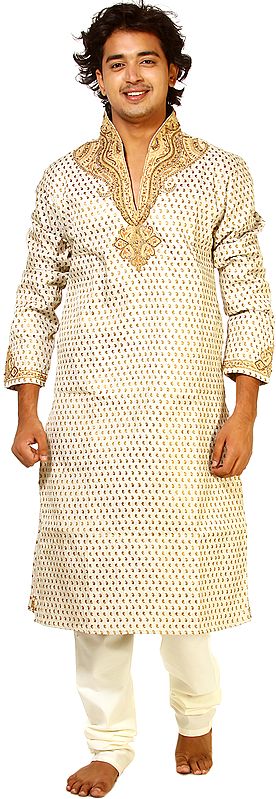 Ivory Wedding Kurta Pajama with All-Over Woven Paisleys and Embroidered Crystals on Neck