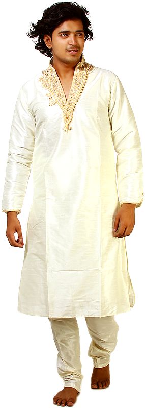 Ivory Wedding Kurta Pajama with Crystal and Faux Pearl Embroidery