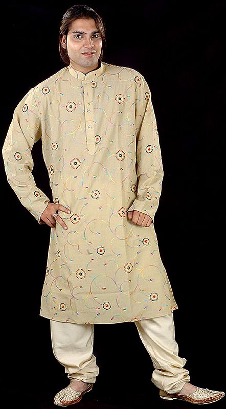 Khaki Kurta Pajama with All-Over Embroidery in Multi-Color Thread