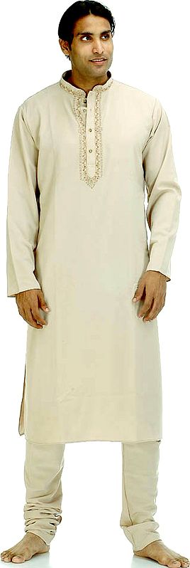 Khaki Kurta Pajama with Embroidery on Neck
