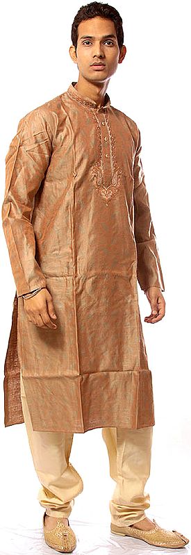 Khaki Kurta Pajama with Self-Weave and Embroidery on Button Palette