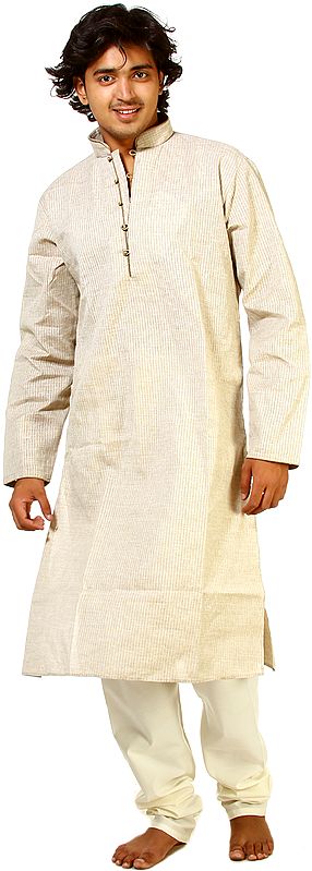Khaki Kurta Pajama with Woven Stripes All-Over