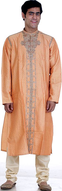 Light Orange Achkan with Threadwork and All-Over Weave