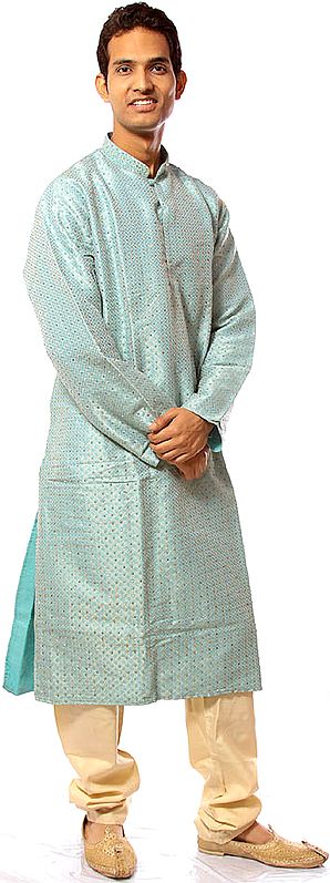 Light-Blue Brocaded Kurta Set with All-Over Sequins and Beads