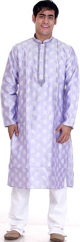 Lilac Silk Kurta Set with Embroidery on Neck and Floral Weave