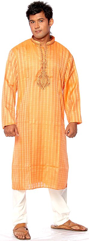 Madarin-Orange Kurta Pajama with Embroidery on Neck and Golden Thread Weave