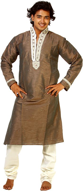 Major-Brown Wedding Kurta Pajama with Faux Pearl and Crystal Embroidery on Neck and All-Over Sequins