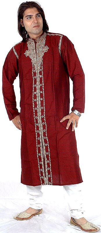 Maroon Achkan with Embroidered Paisleys and Self-Design