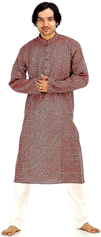 Maroon Kurta Pajama Set with All-Over Weave